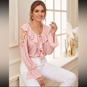 NWOT Floral Lace Yoke Tie Neck Blouse